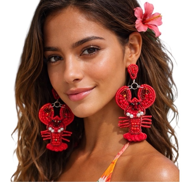 Jewelry - Lobster Beaded Earrings Tropical Vacation Statement Coastal Nautical Red Beach